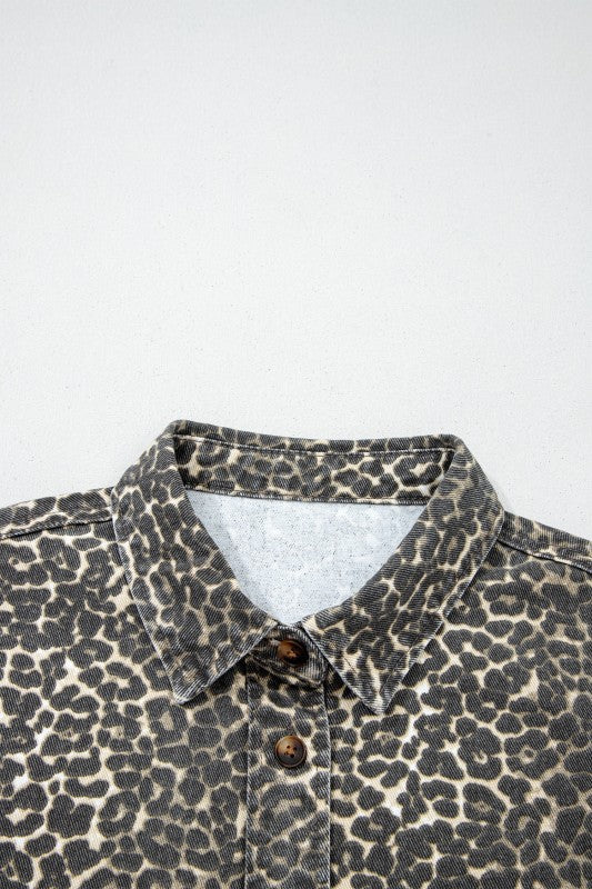 Leopard Print Denim Button-Up Top