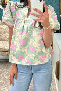 Pastel Green Floral Ruffle Neck Blouse
