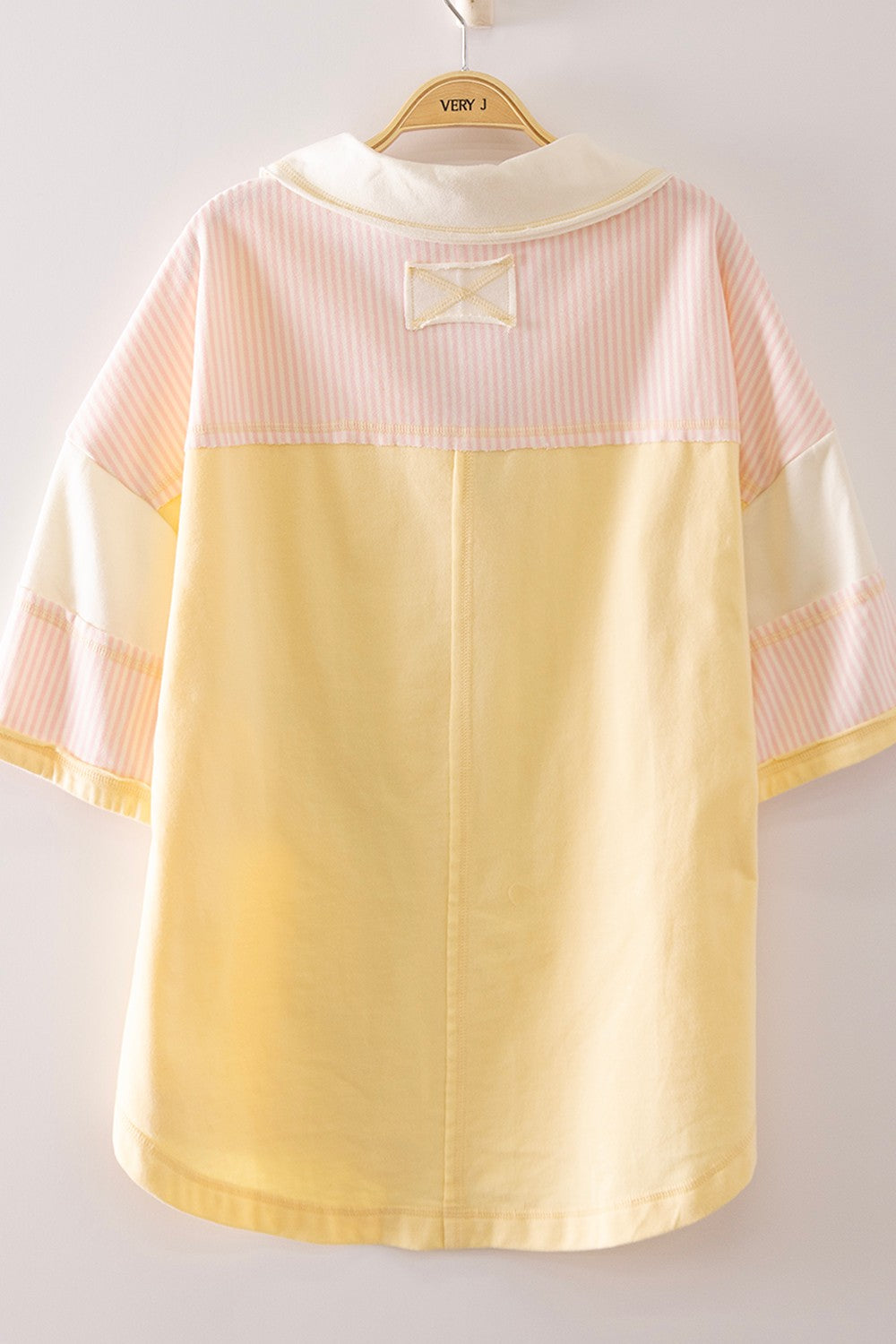 Relaxed Fit Collared Polo Top W/ Striped Contrast Sleeves - Yellow