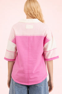 Relaxed Fit Collared Polo Top W/ Striped Contrast Sleeves - Pink