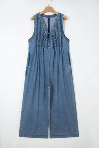 Medium Wash Front Pleated V Neck Tie Overalls