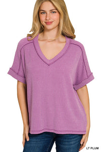 Oversized Ribbed V Neck Top