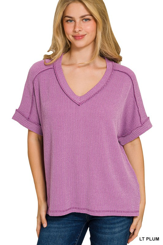 Oversized Ribbed V Neck Top