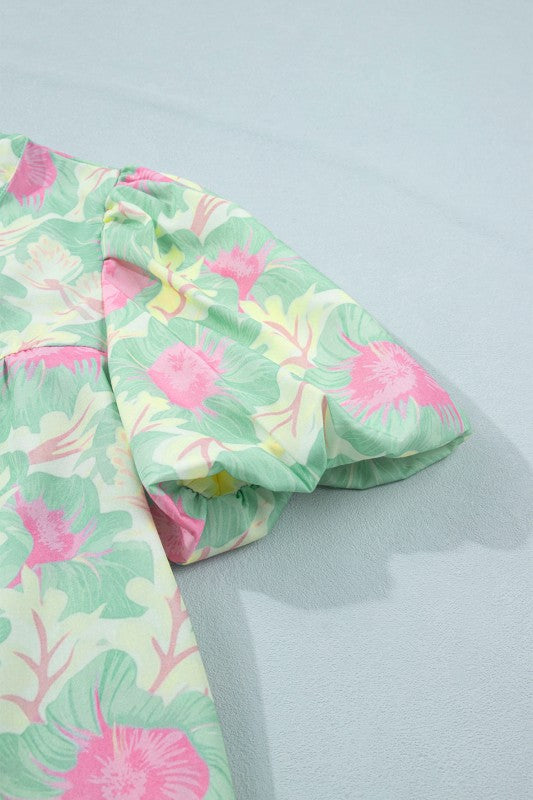 Pastel Green Floral Ruffle Neck Blouse
