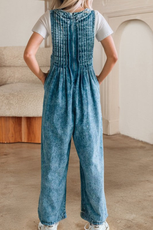 Medium Wash Front Pleated V Neck Tie Overalls
