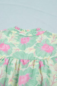 Pastel Green Floral Ruffle Neck Blouse