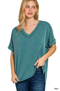 Oversized Ribbed V Neck Top