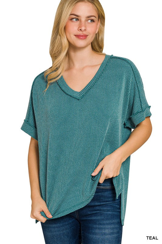 Oversized Ribbed V Neck Top