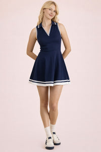 Sleeveless Collared Active Dress W/ Contrast Trimming - Navy