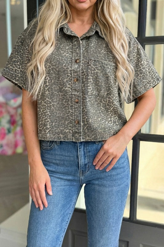 Leopard Print Denim Button-Up Top