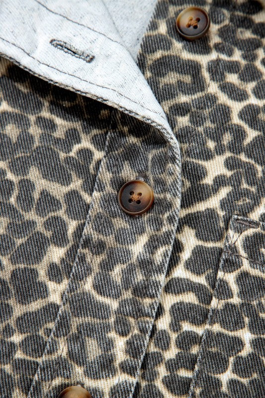 Leopard Print Denim Button-Up Top