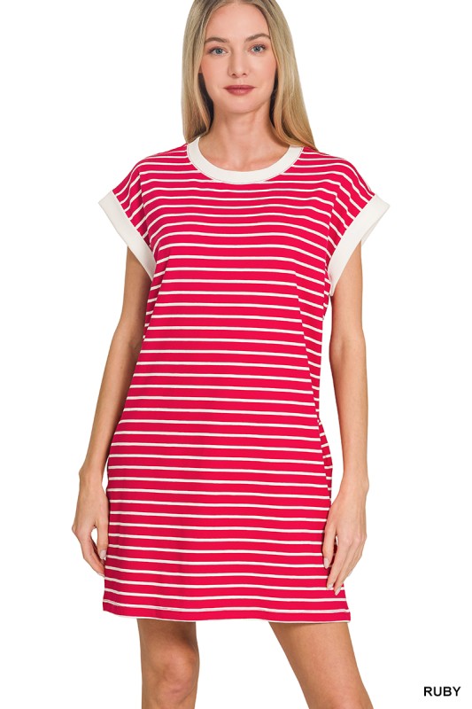 Striped T-Shirt Dress W/ Pockets - Red