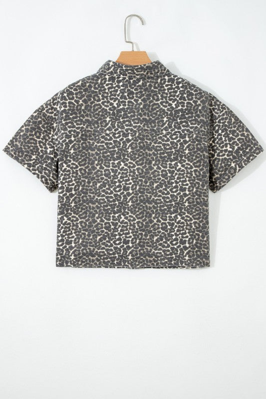 Leopard Print Denim Button-Up Top
