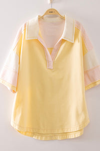Relaxed Fit Collared Polo Top W/ Striped Contrast Sleeves - Yellow