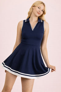 Sleeveless Collared Active Dress W/ Contrast Trimming - Navy