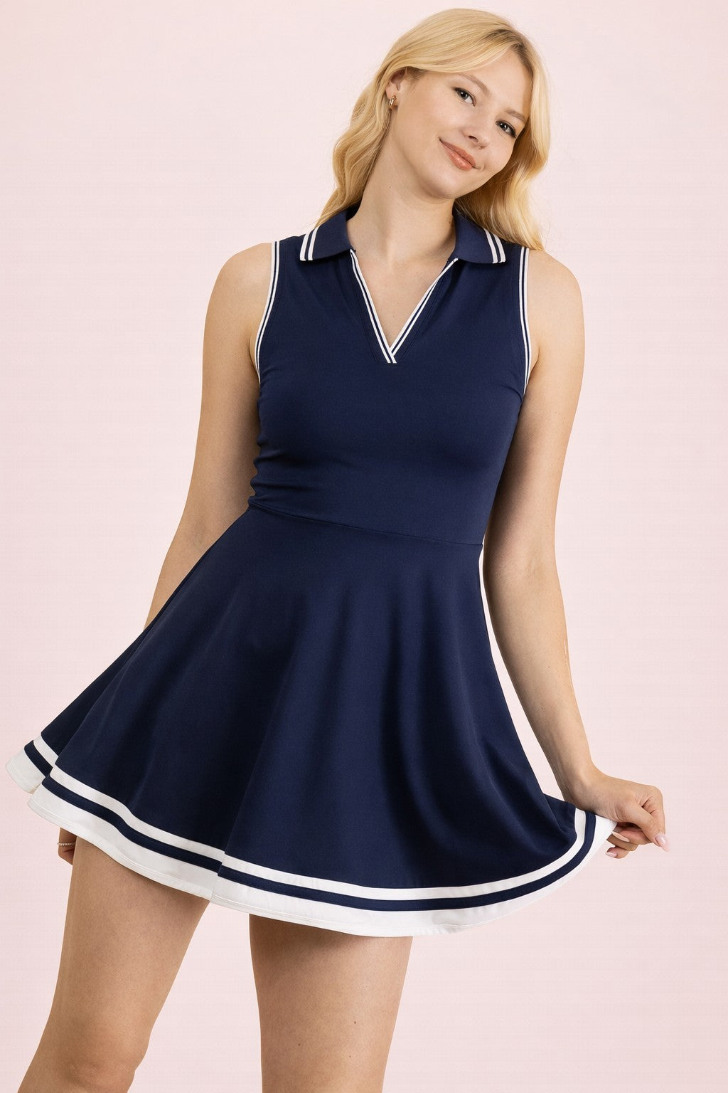 Sleeveless Collared Active Dress W/ Contrast Trimming - Navy
