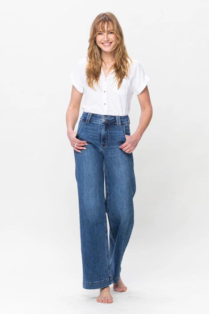 High Waist Double Button Wide Leg Jeans 82558