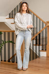 Mid Rise Rhinestone Side Panel Detail Flare Denim Jeans