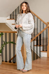 Mid Rise Rhinestone Side Panel Detail Flare Denim Jeans