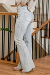 Mid Rise Rhinestone Side Panel Detail Flare Denim Jeans