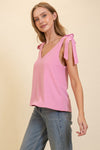 V Neck Flowy Top with Self Tie Sleeves