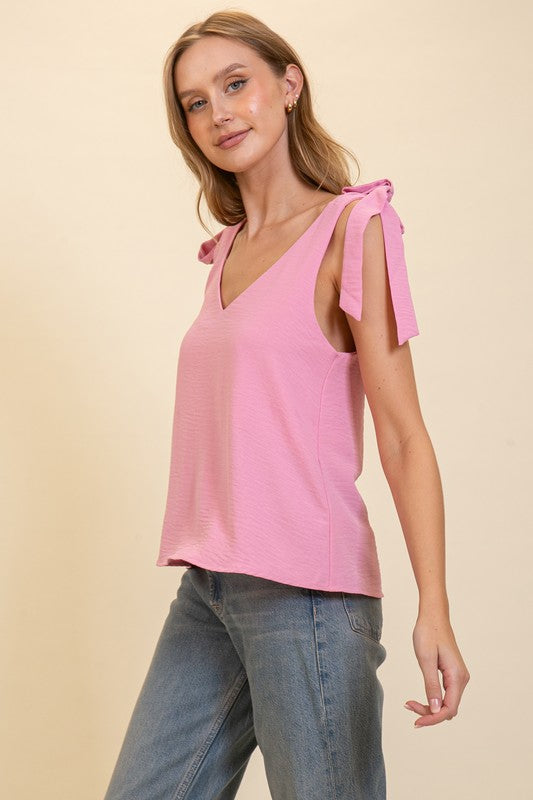 V Neck Flowy Top with Self Tie Sleeves