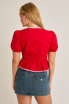 Puff Short Sleeve Contrast Bow Detail Open Blouse