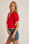 Puff Short Sleeve Contrast Bow Detail Open Blouse