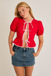 Puff Short Sleeve Contrast Bow Detail Open Blouse