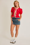 Puff Short Sleeve Contrast Bow Detail Open Blouse