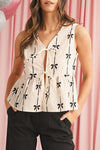 Sleeveless Bow Front Tie Top Black/White