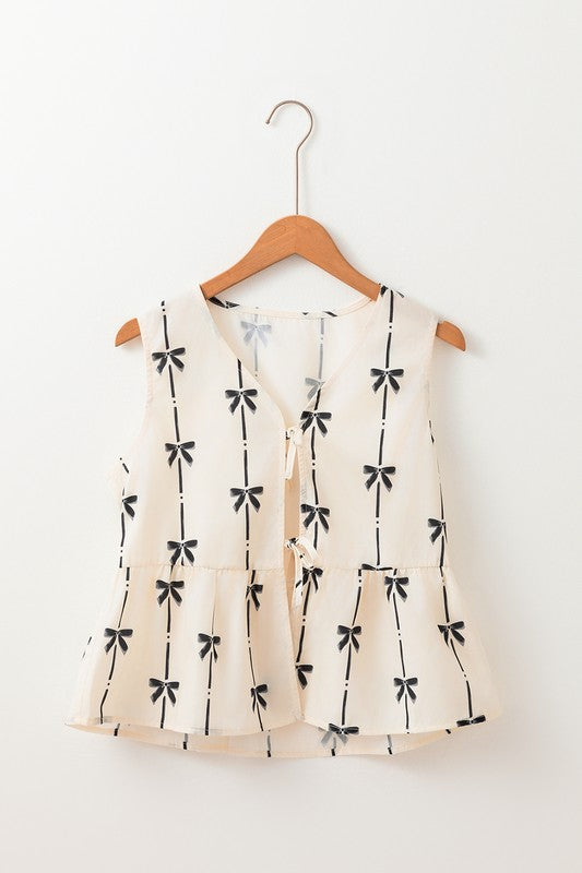 Sleeveless Bow Front Tie Top Black/White