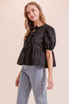 Puffy Short Sleeve Poplin Top W/ Front Ties MN3295