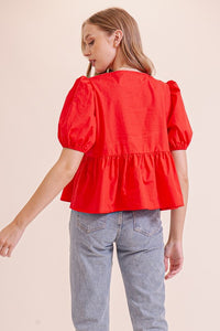 Puffy Short Sleeve Poplin Top W/ Front Ties MN3295