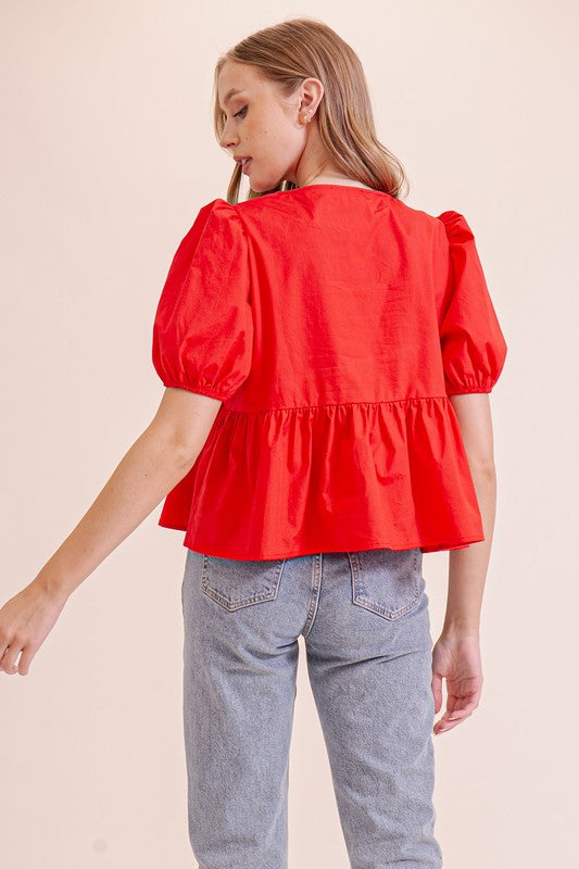 Puffy Short Sleeve Poplin Top W/ Front Ties MN3295