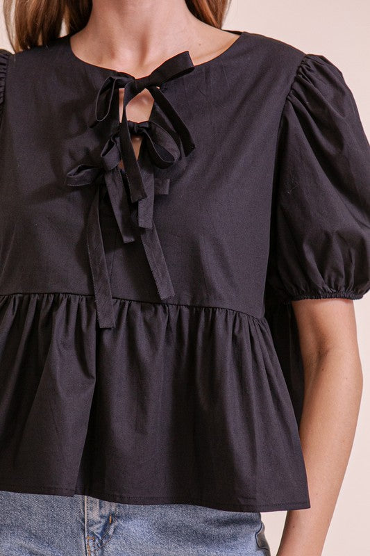 Puffy Short Sleeve Poplin Top W/ Front Ties MN3295