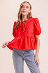 Puffy Short Sleeve Poplin Top W/ Front Ties MN3295