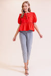 Puffy Short Sleeve Poplin Top W/ Front Ties MN3295