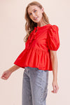 Puffy Short Sleeve Poplin Top W/ Front Ties MN3295