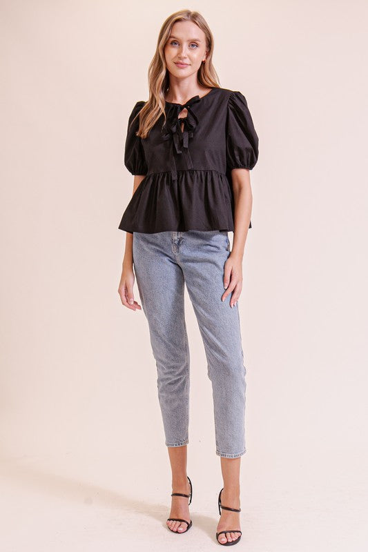 Puffy Short Sleeve Poplin Top W/ Front Ties MN3295