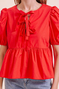 Puffy Short Sleeve Poplin Top W/ Front Ties MN3295