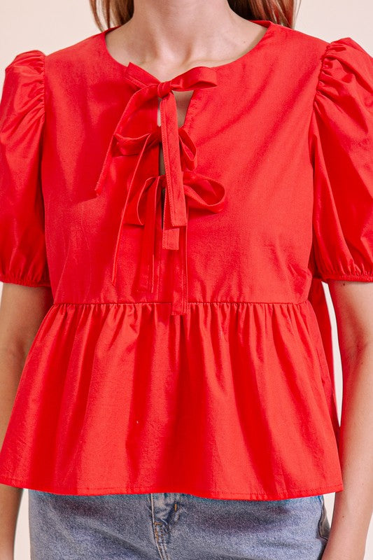 Puffy Short Sleeve Poplin Top W/ Front Ties MN3295