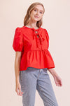 Puffy Short Sleeve Poplin Top W/ Front Ties MN3295