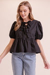 Puffy Short Sleeve Poplin Top W/ Front Ties MN3295