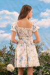 Floral Front Tie Shirred Puff Sleeve Mini Dress Blue Multi