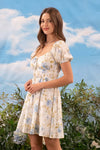 Floral Front Tie Shirred Puff Sleeve Mini Dress Blue Multi