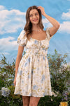 Floral Front Tie Shirred Puff Sleeve Mini Dress Blue Multi