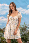 Floral Front Tie Shirred Puff Sleeve Mini Dress Blue Multi