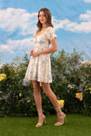 Floral Front Tie Shirred Puff Sleeve Mini Dress Blue Multi