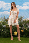 Floral Front Tie Shirred Puff Sleeve Mini Dress Blue Multi